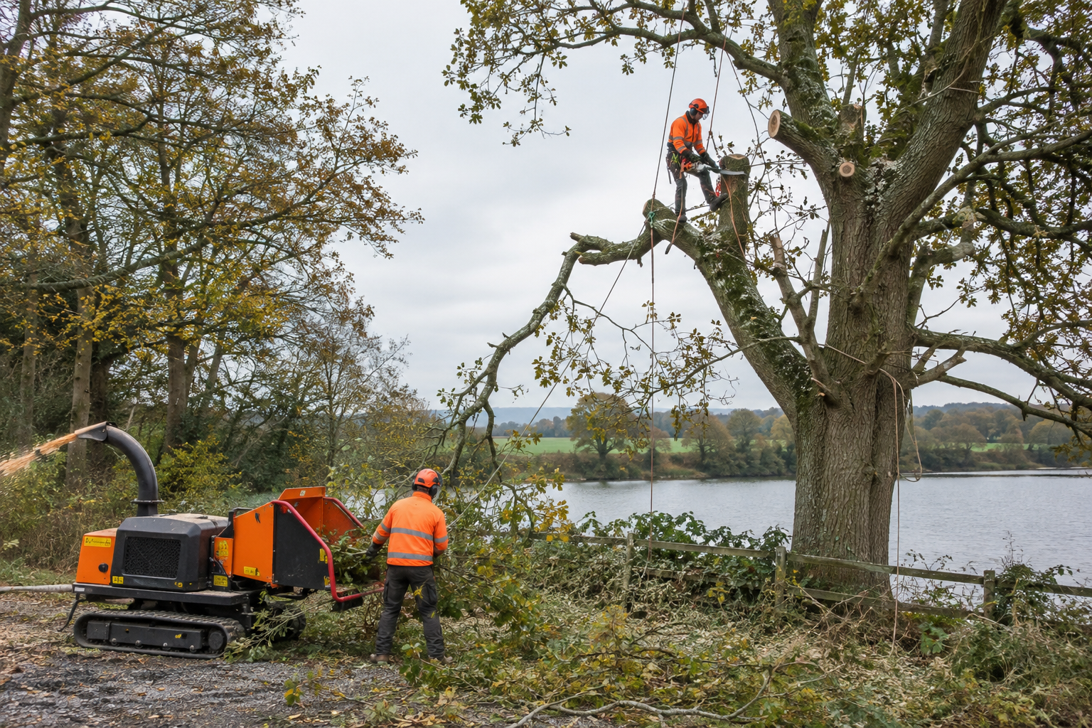 Arborists pruning a large tree beside a lake